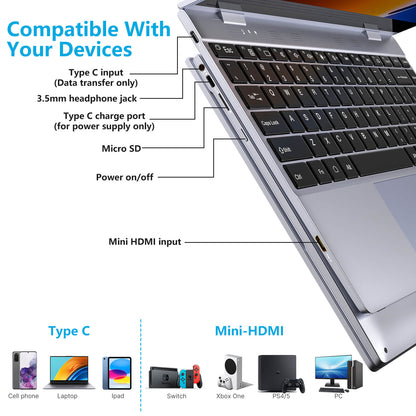 Lapdok Mudah Alih Skrin Sentuh 14.1-Inci 1080p Dengan Bateri dan Papan Kekunci 10800mah 