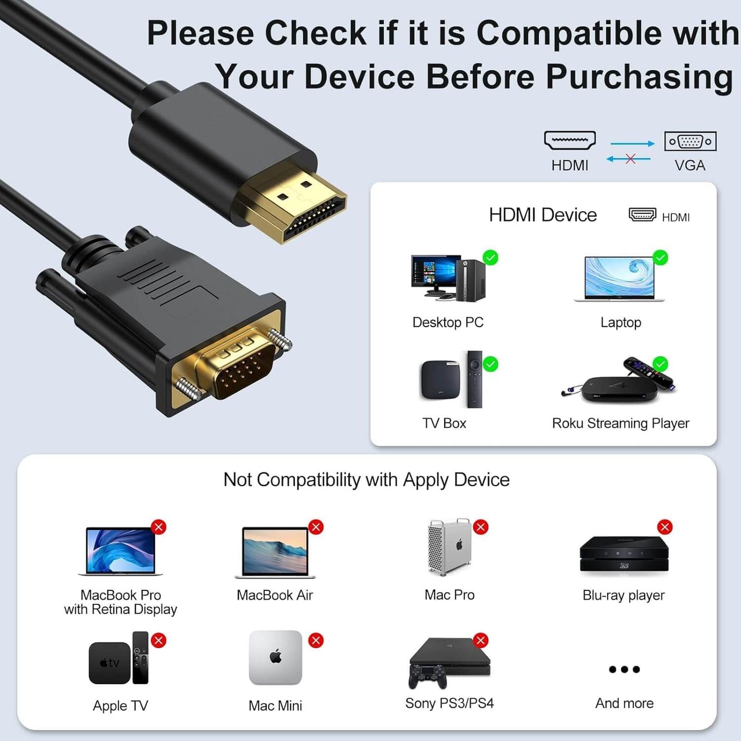 1080P HDMI do VGA Cable Adapter do laptopa i projektora